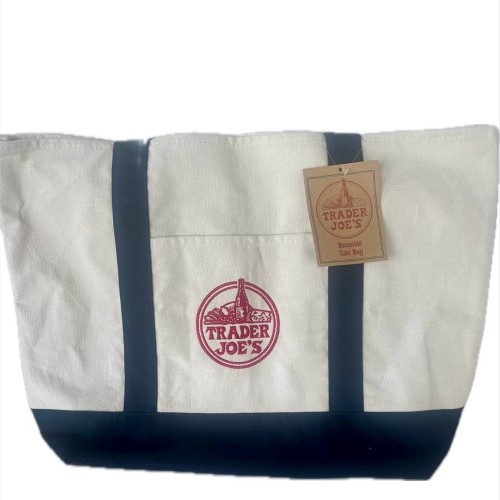 Trader Joe's Cream and Navy Canvas Tote Bag